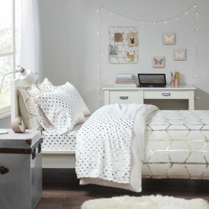 Metallic Dot Printed Sheet Set from Intelligent Design in  White/Gold. Metallic Dot Printed Sheet Set from Intelligent Design in  White/Gold. Metallic Dot Printed Sheet Set from Intelligent Design in  White/Gold. Metallic Dot Printed Sheet Set from Intelligent Design in  White/Gold. Metallic Dot Printed Sheet Set from Intelligent Design in  White/Gold.