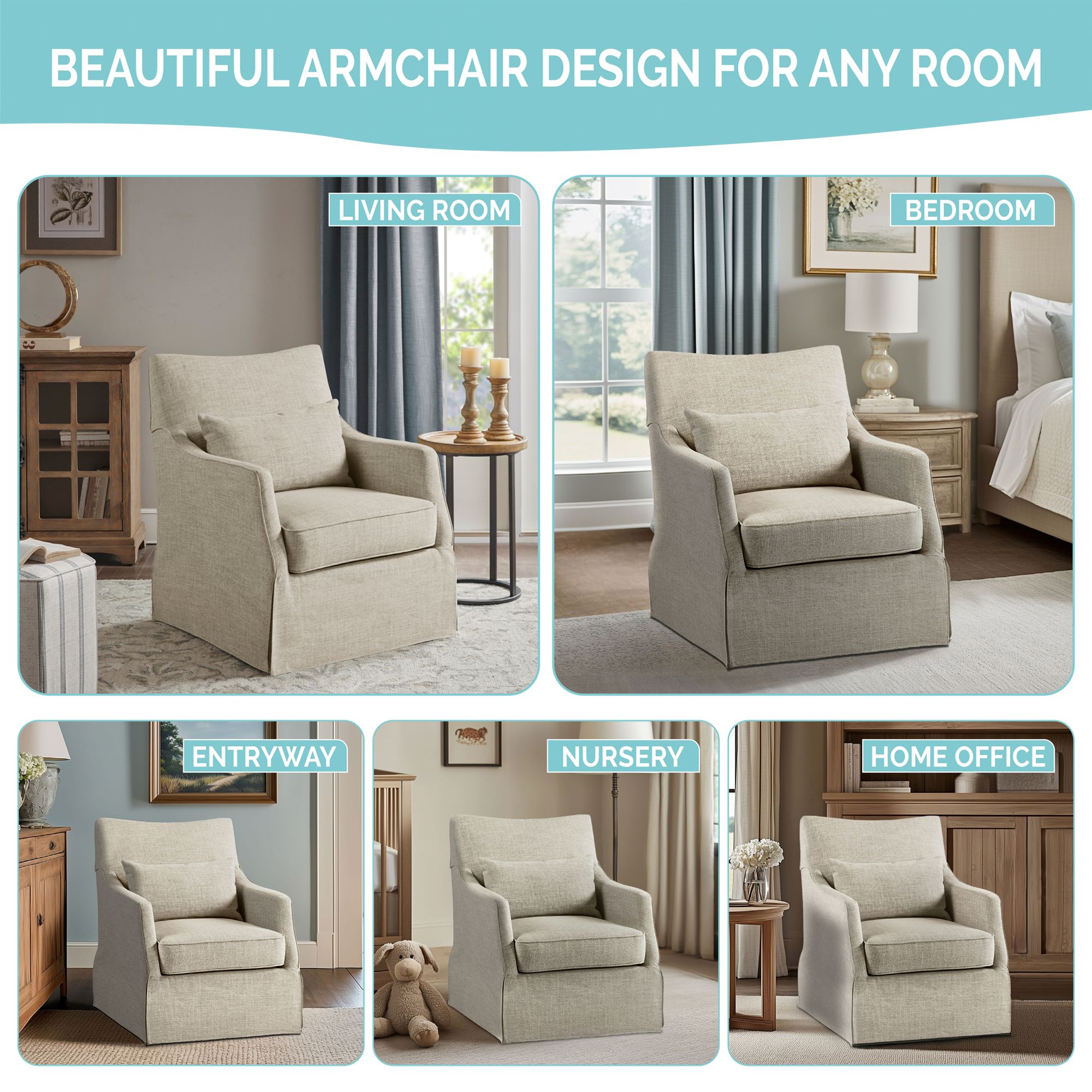 London Upholstered Skirted Swivel Armchair with Lumbar Pillow