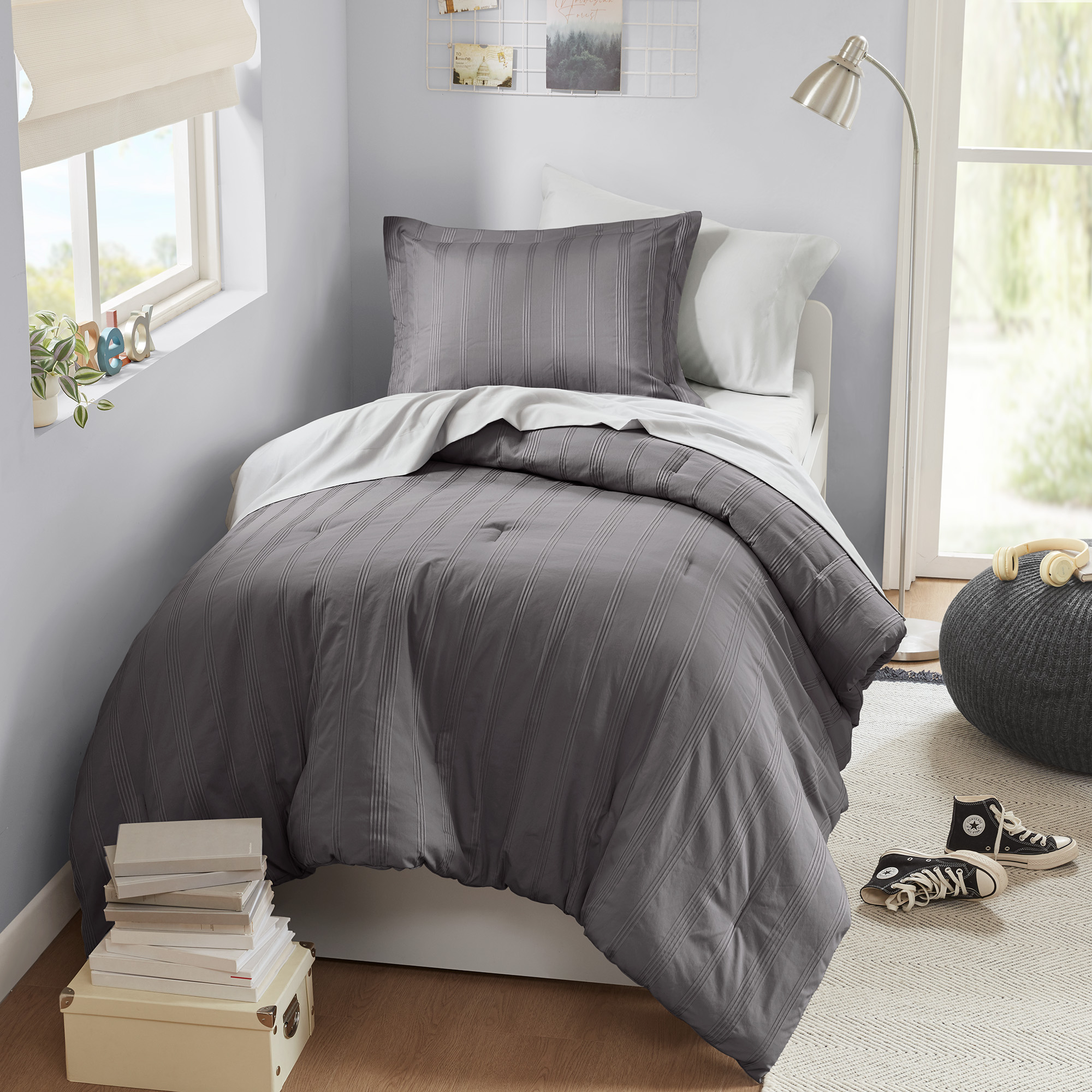 Logan Striped Reversible Pintuck Pleated Comforter Set