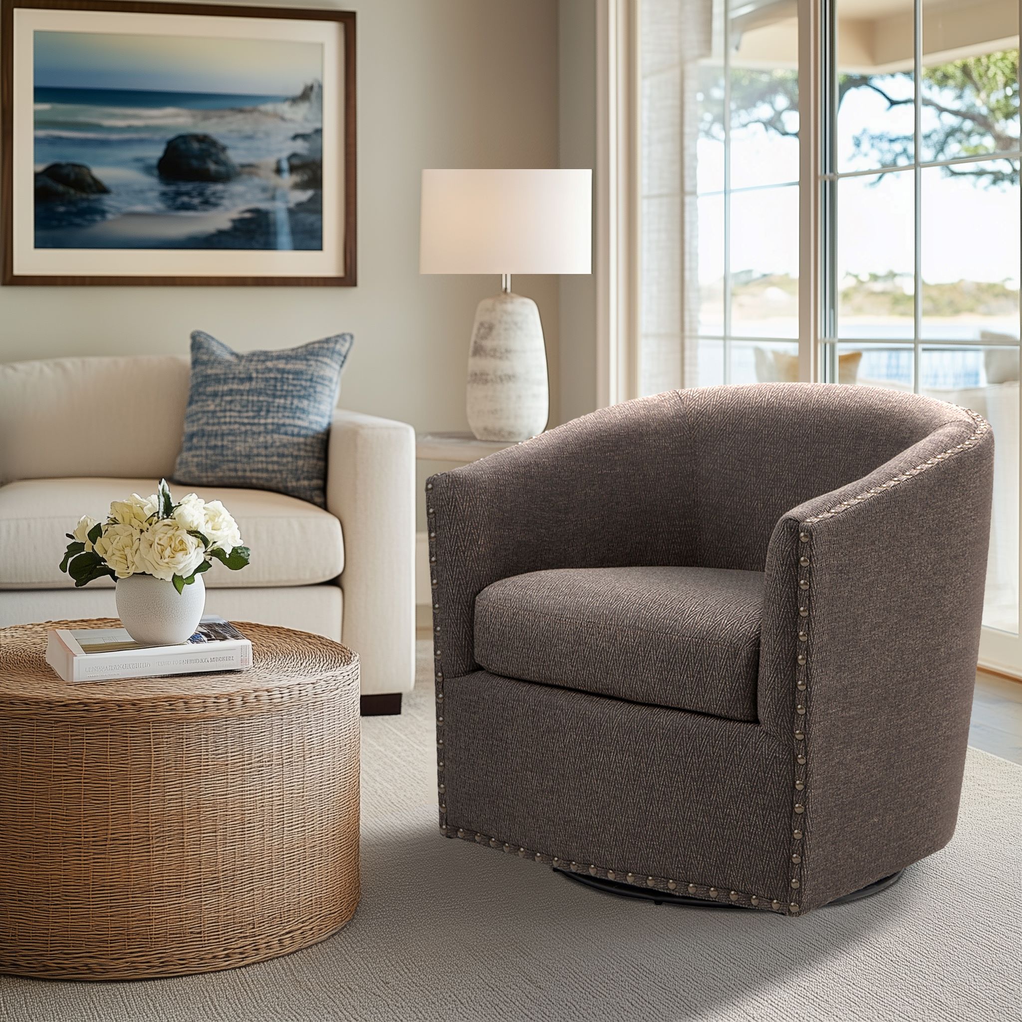 Tyler Upholstered Swivel Barrel Chair with Nailheads