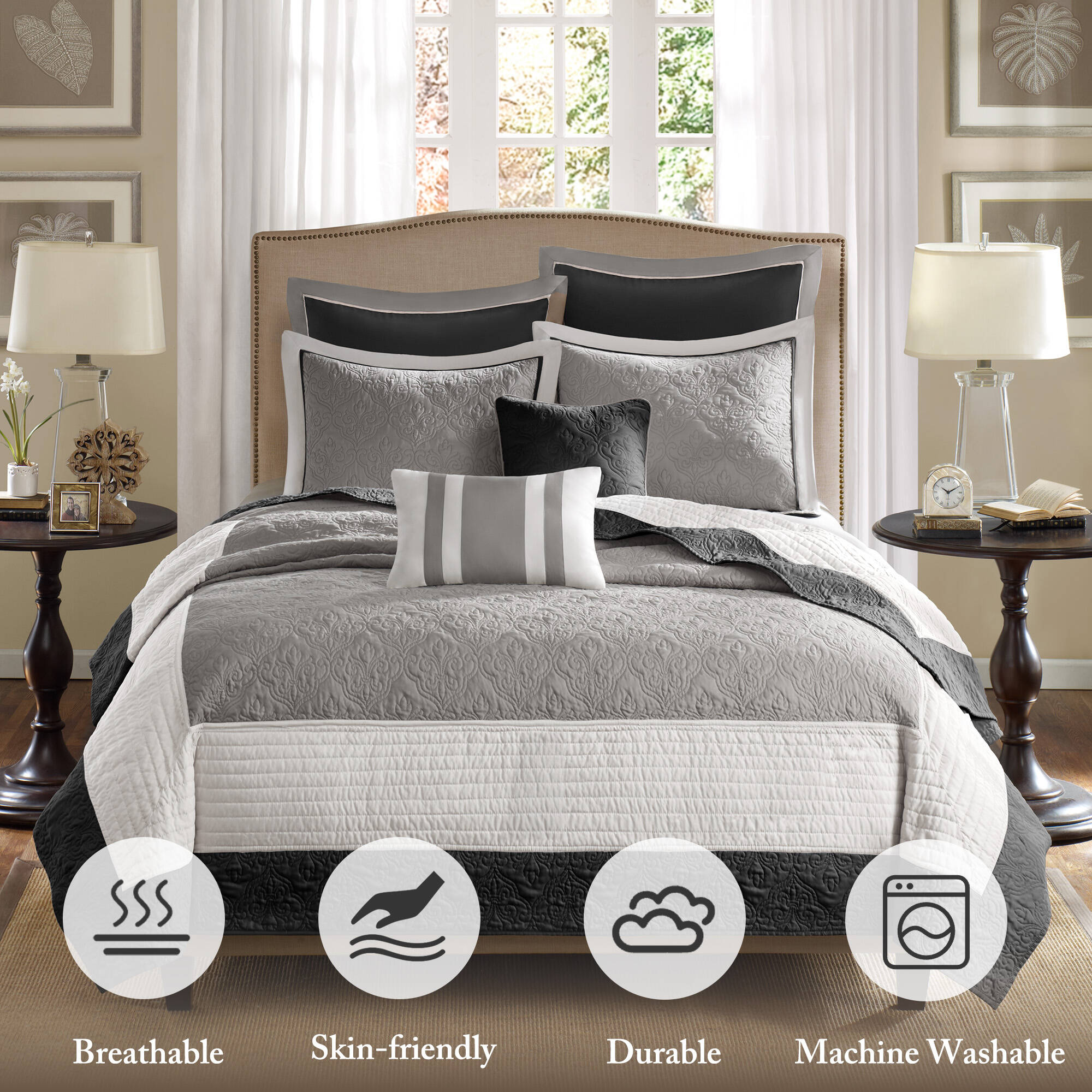 Attingham 7 Piece Quilt Set with Euro Shams and Throw Pillows