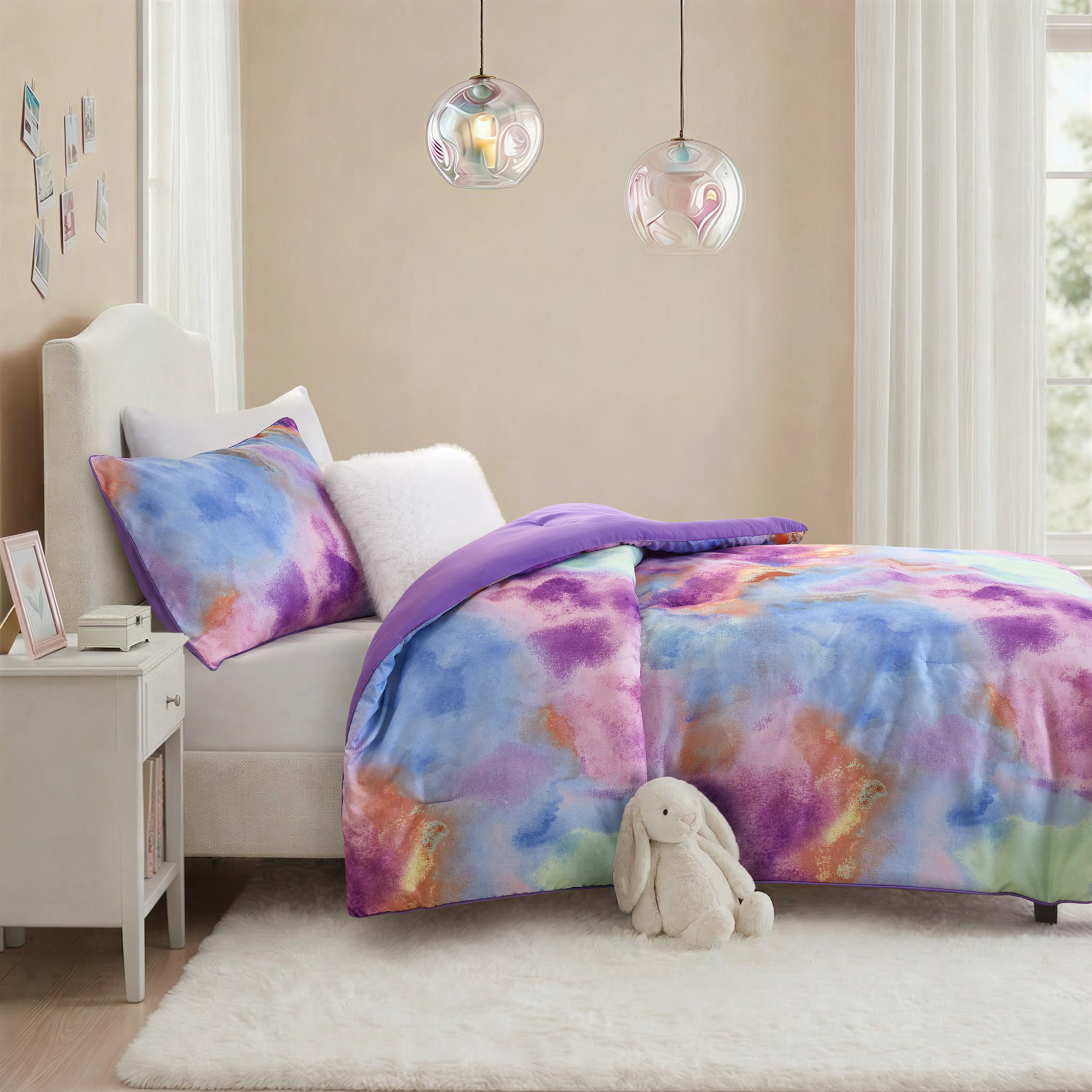 Cassiopeia Watercolor Tie Dye Printed Comforter Set with Throw Pillow