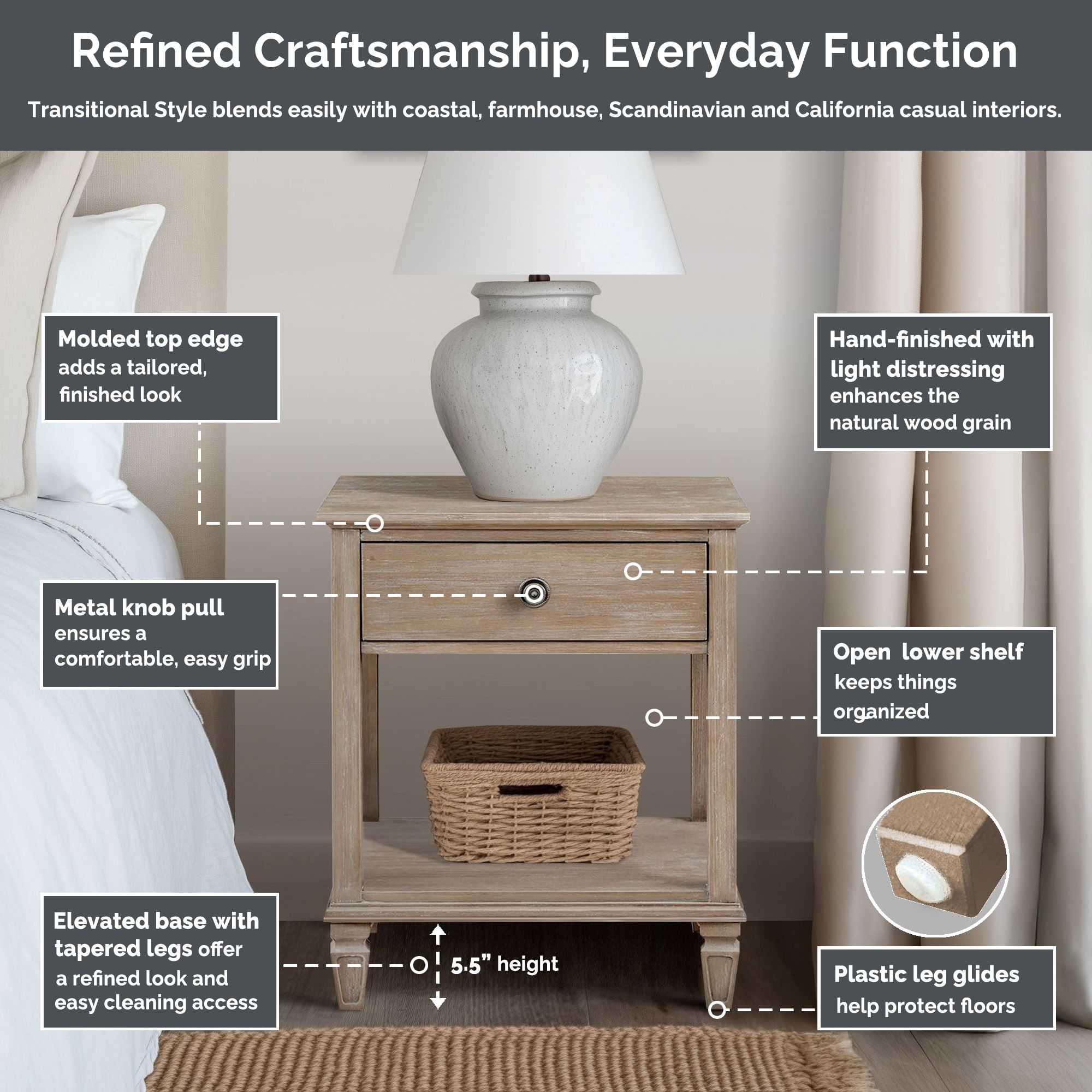 Victoria one-drawer wood bedside table with shelf