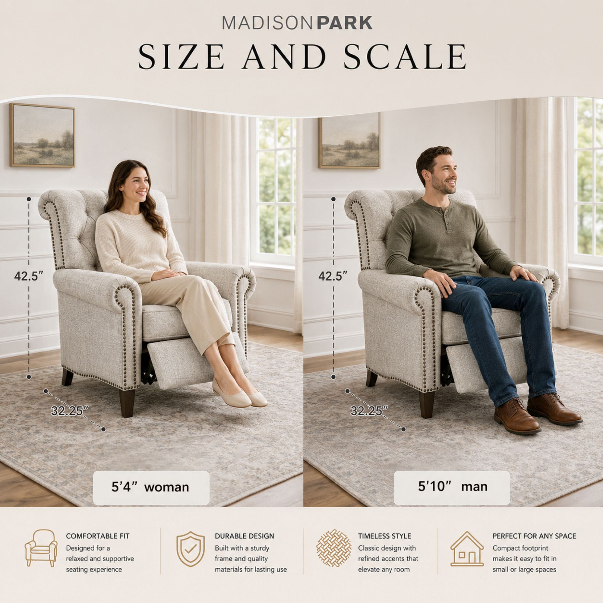 Aidan Upholstered Manual Push Back Recliner Chair with Nailheads