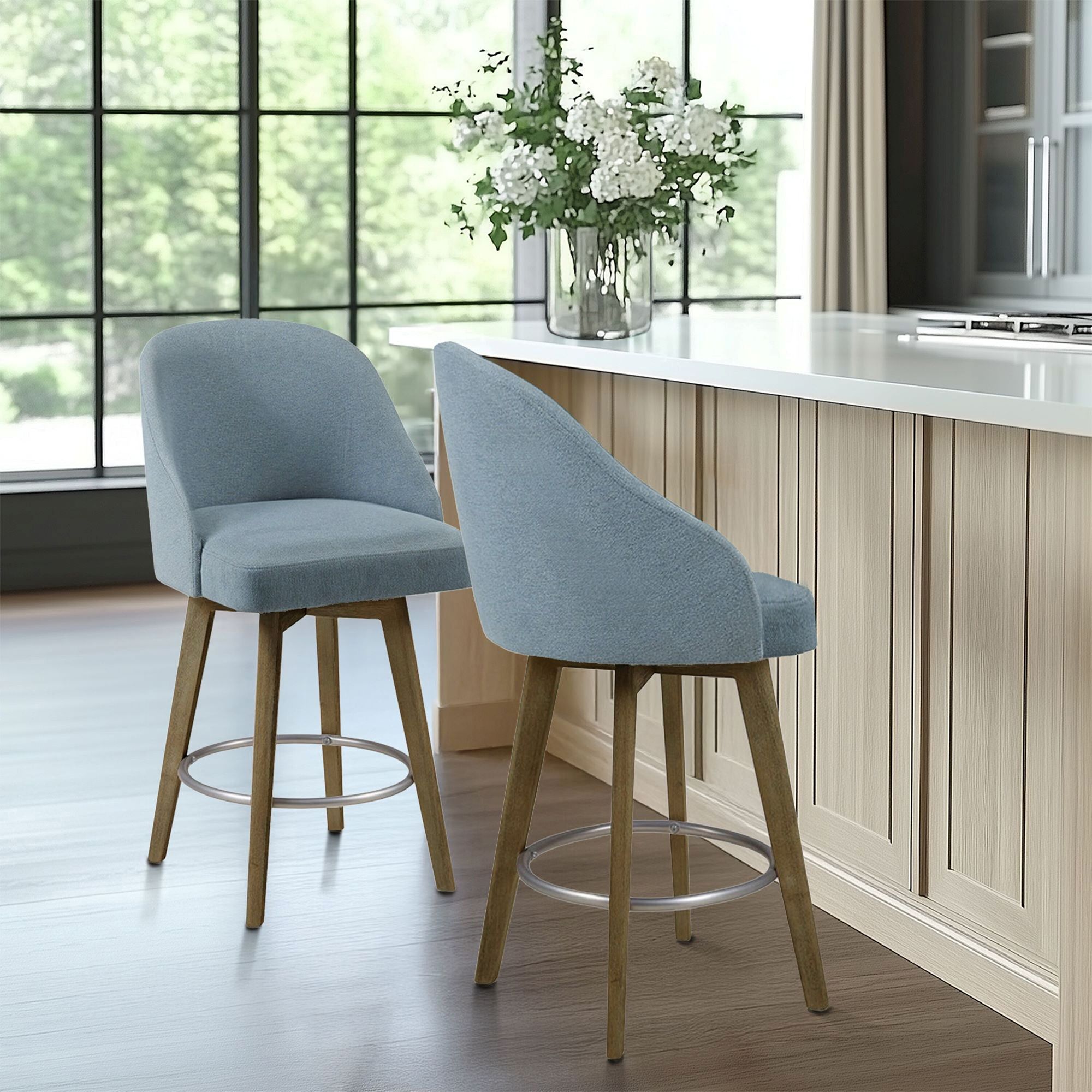 Pearce Swivel Upholstered Counter Stool with Solid Wood Legs & Metal Footrest
