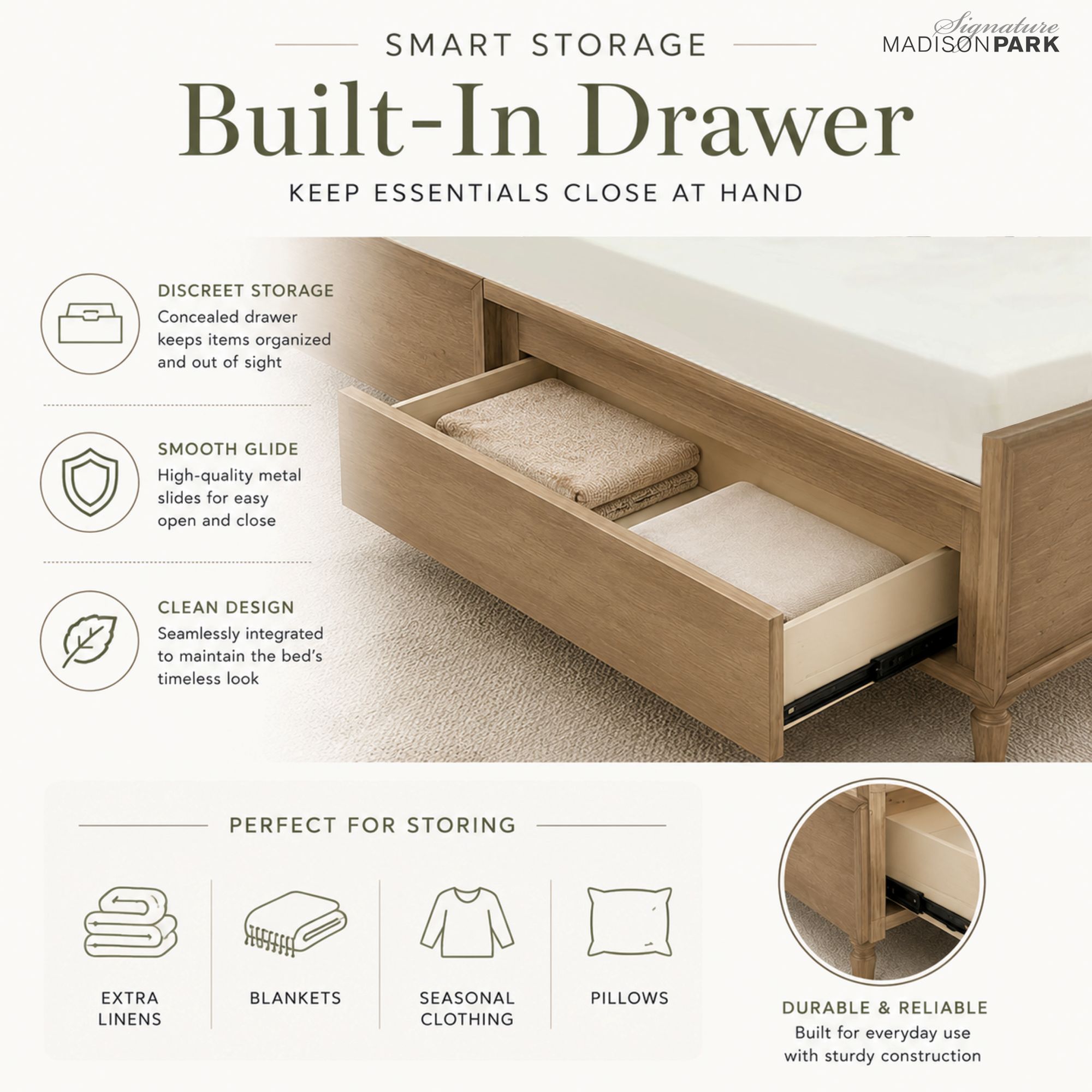 Victoria Wood Bed with Upholstered Headboard and Built-In Storage Drawer