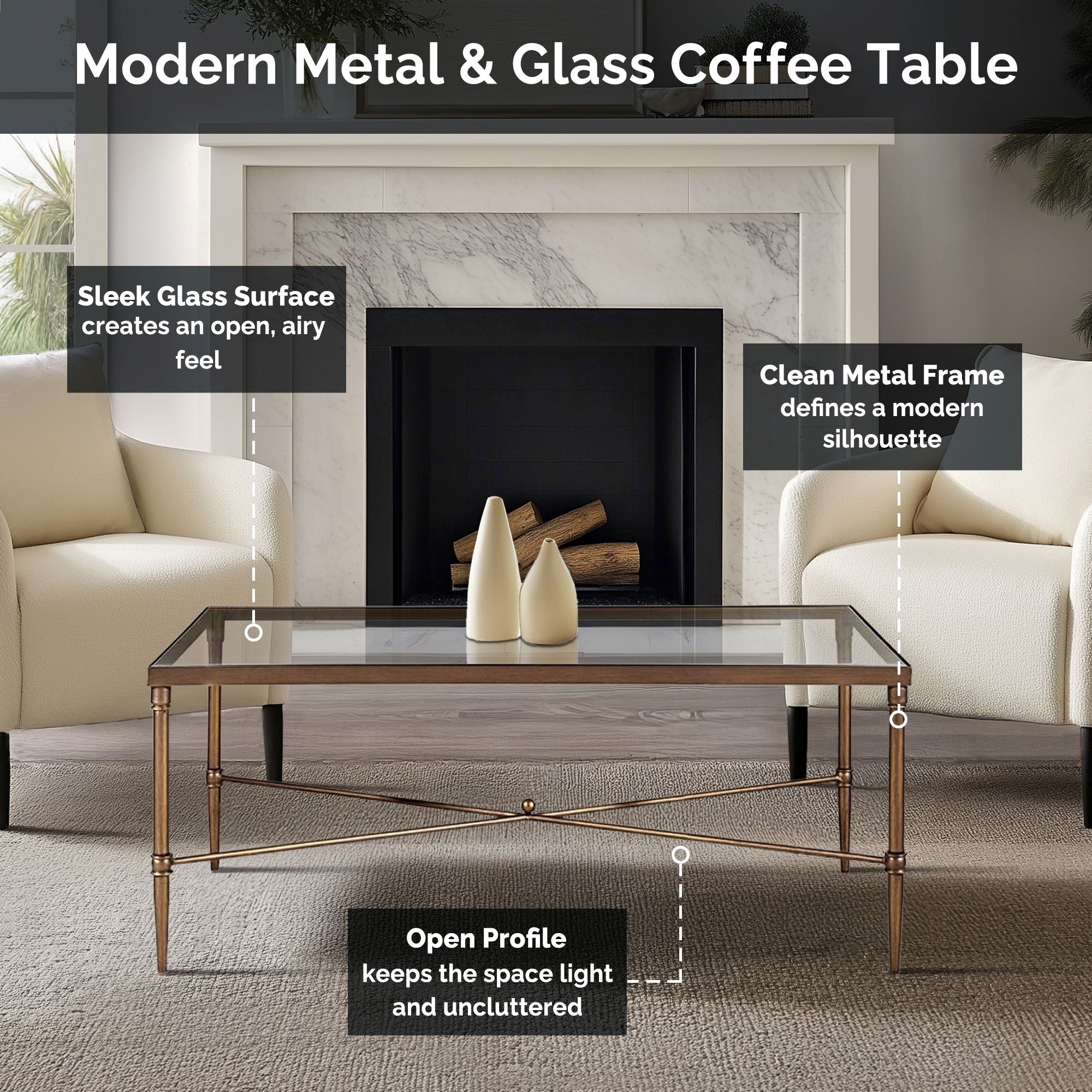 Porter Rectangular Metal & Glass Coffee Table