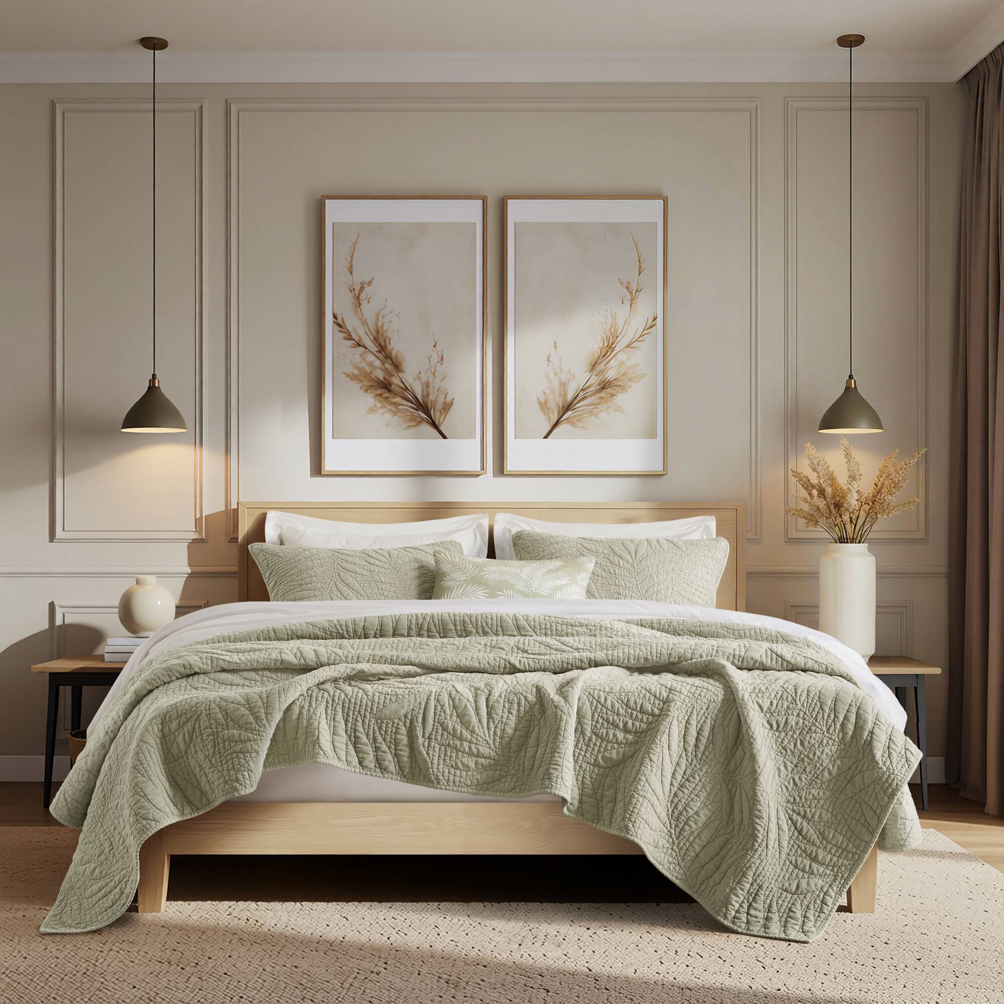 Botanical Leaves 3 Piece Cotton Quilt Set