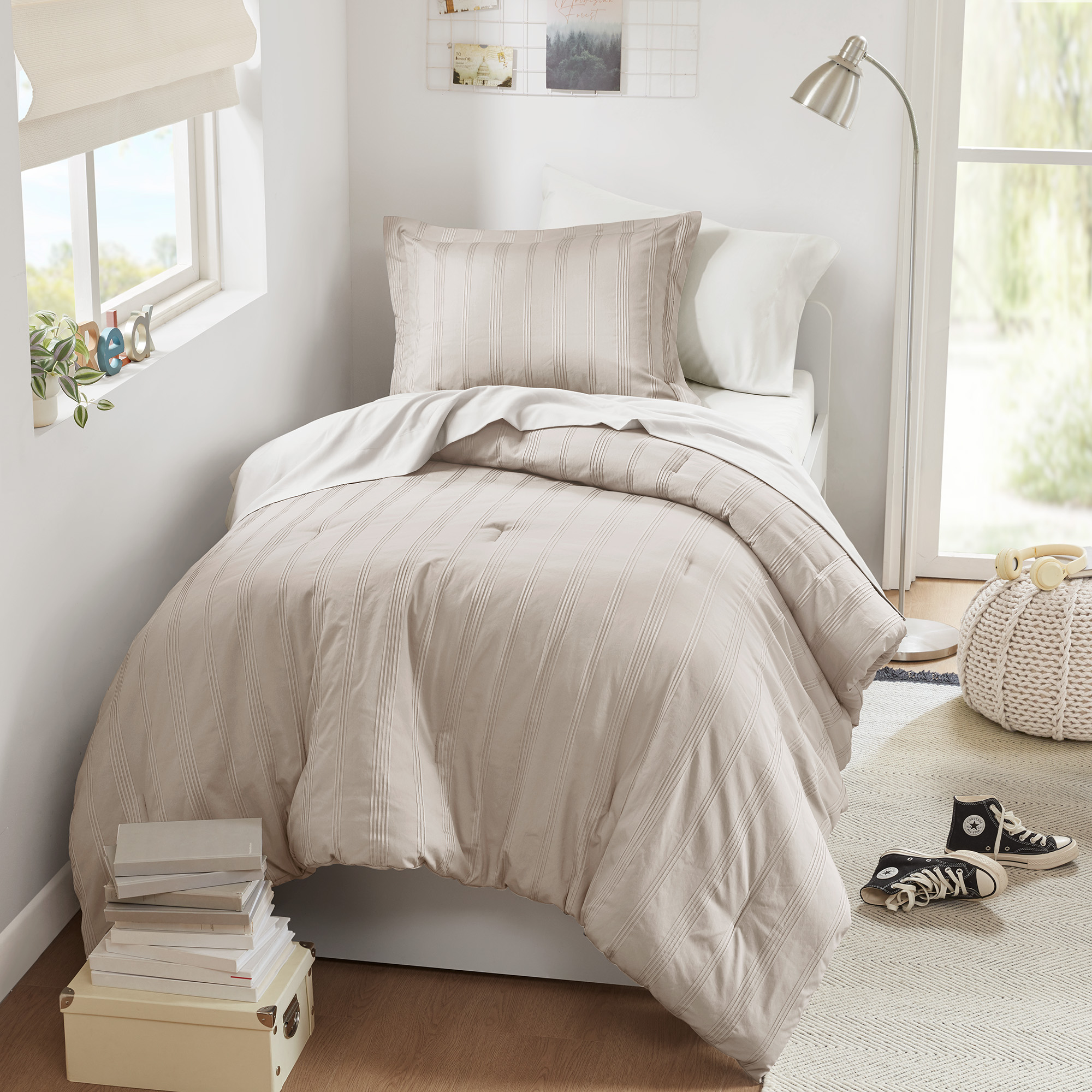 Logan Striped Reversible Pintuck Pleated Comforter Set