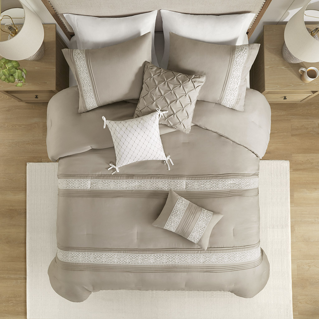 Lacey 7 Piece Lace Trim Comforter Set with Throw Pillows