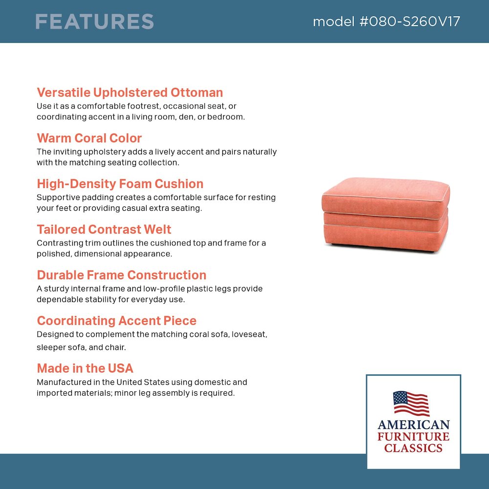 Coral Upholstered Ottoman with Contrast Welt