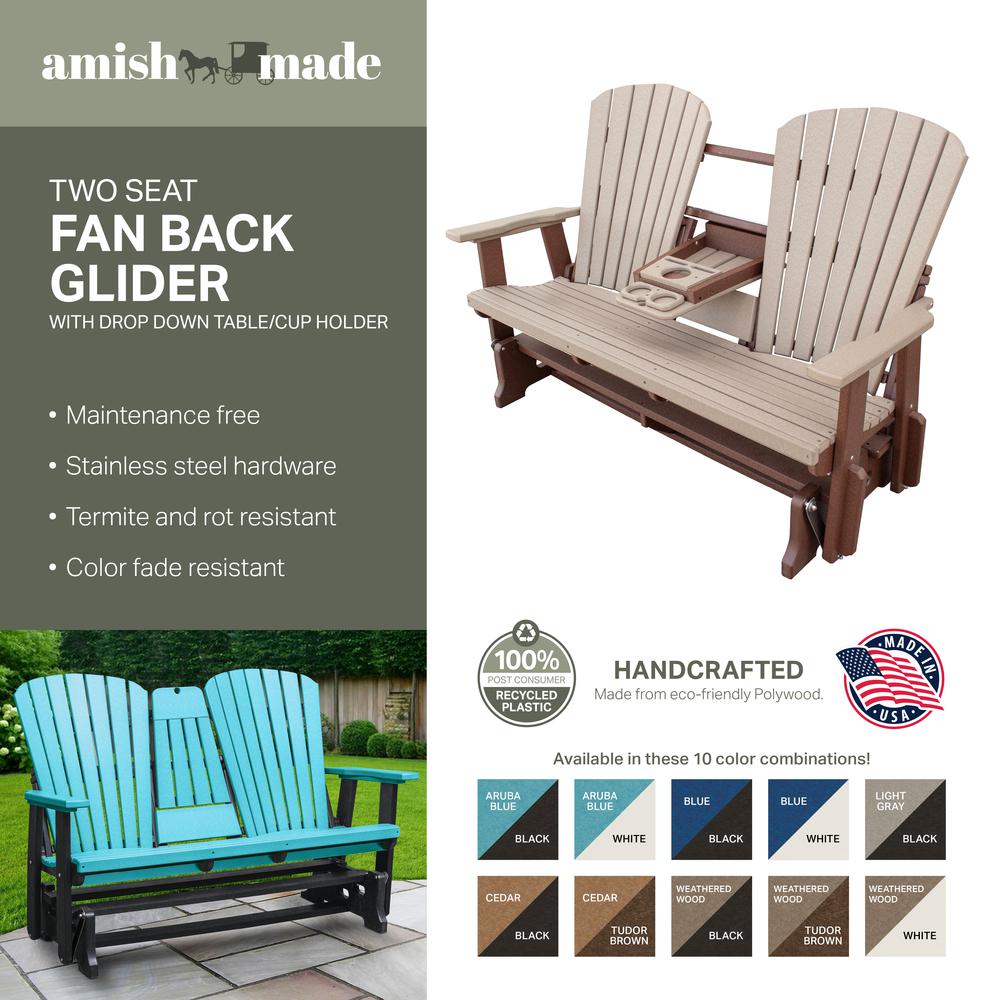 Two Seat Fan Back Glider with Drop Down Table/Cup Holder in Blue
