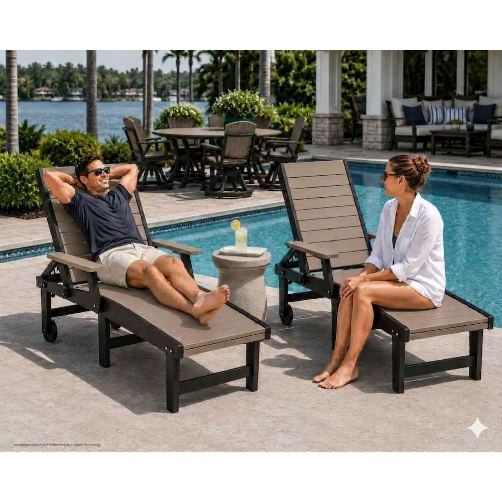 HDPE Outdoor Chaise Lounge Chair in Weatherwood and Black