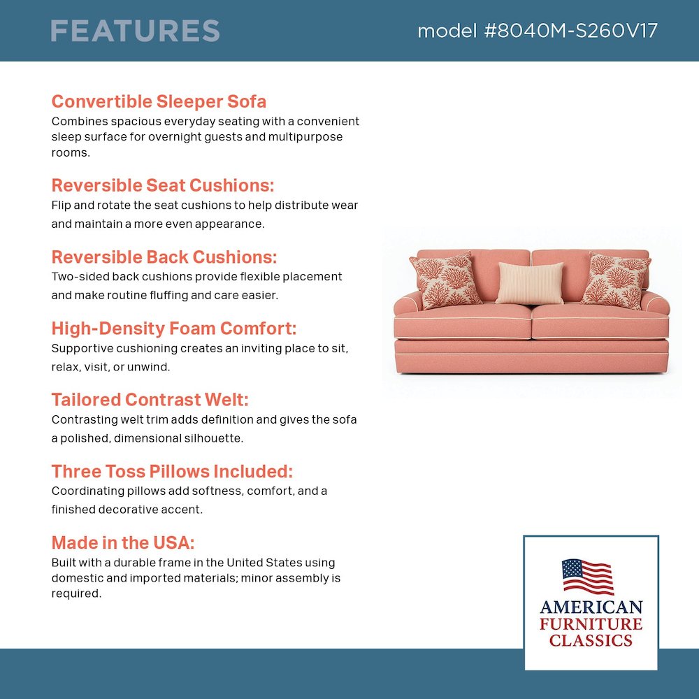 Coral Upholstered Sleeper Sofa with Reversible Cushions