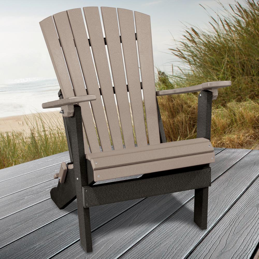 OS Home and Office Model 519WWBK Fan Back Folding Adirondack Chair in Weatherwood with a Black Base