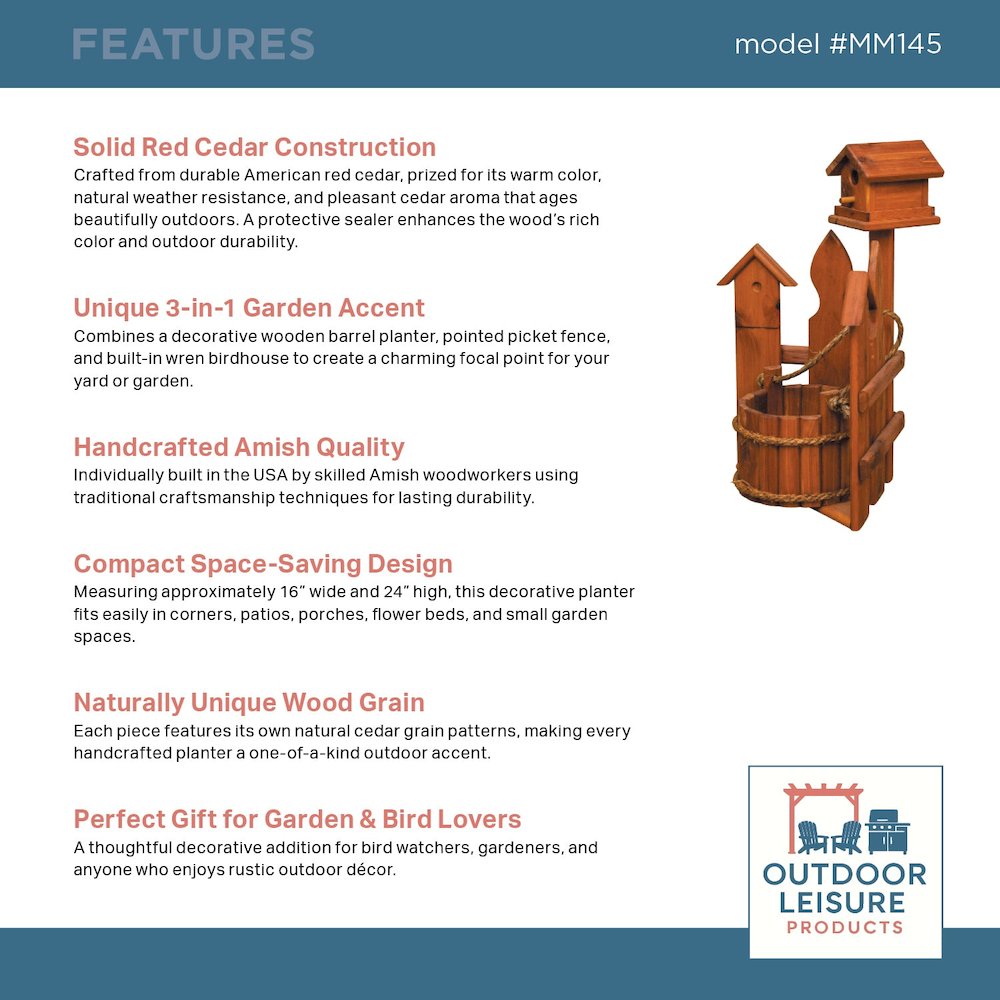 Small Amish Handcrafted Cedar Corner Planter with Birdhouse and Picket Fence