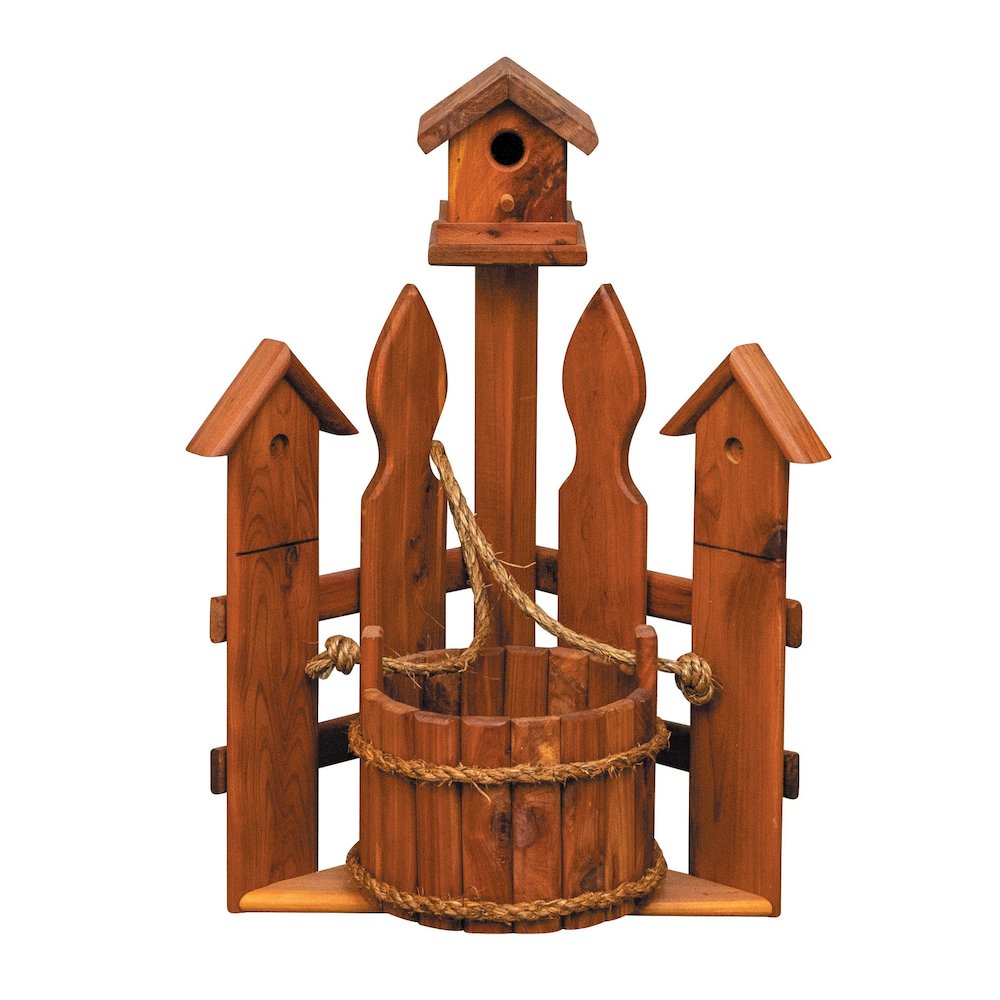 Small Amish Handcrafted Cedar Corner Planter with Birdhouse and Picket Fence