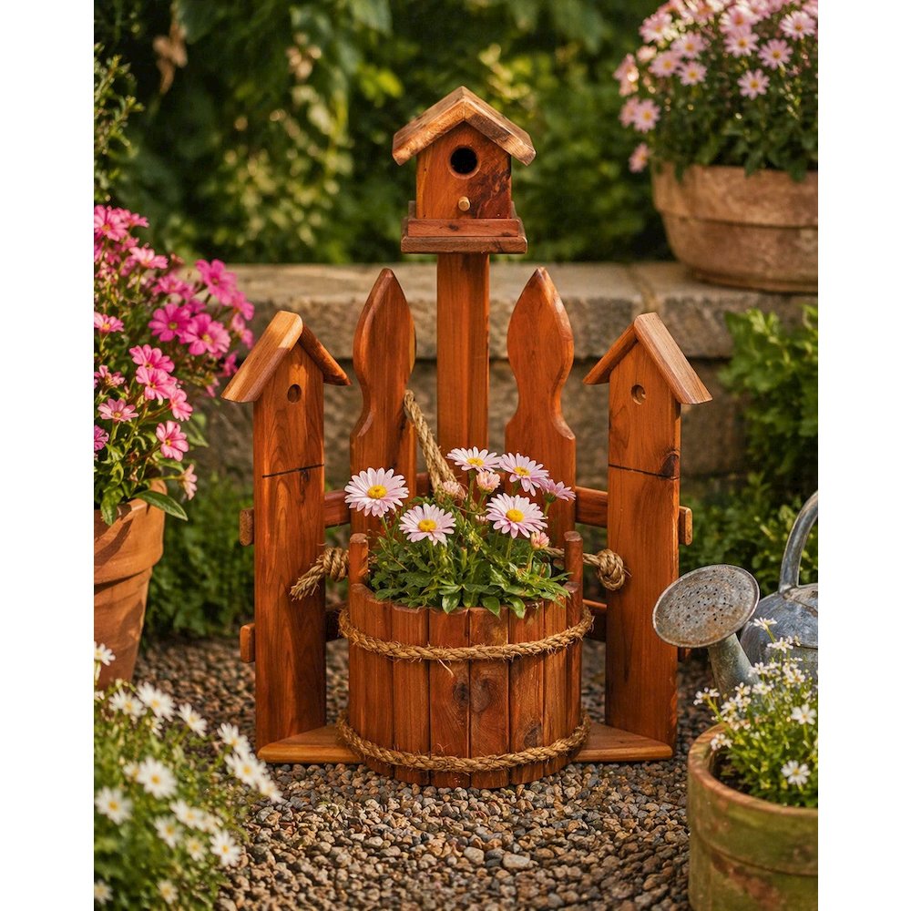 Small Amish Handcrafted Cedar Corner Planter with Birdhouse and Picket Fence