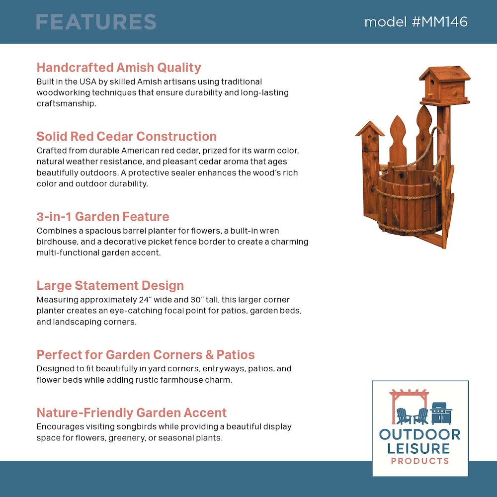 Large Amish Handcrafted Cedar Corner Planter with Birdhouse and Picket Fence