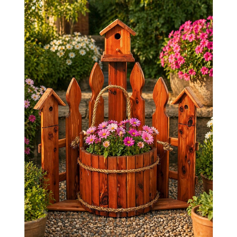 Large Amish Handcrafted Cedar Corner Planter with Birdhouse and Picket Fence