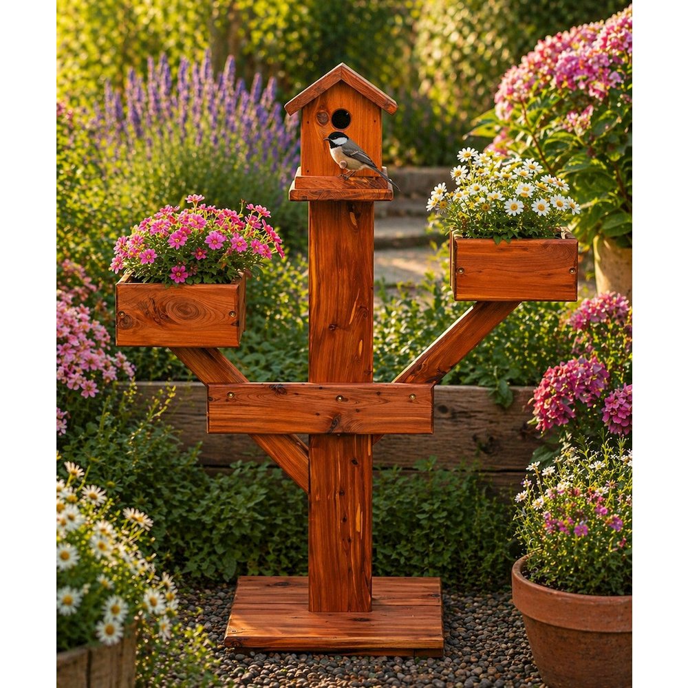 Small Amish Handcrafted Cedar Birdhouse Planter Stand – Red Cedar Garden Accent