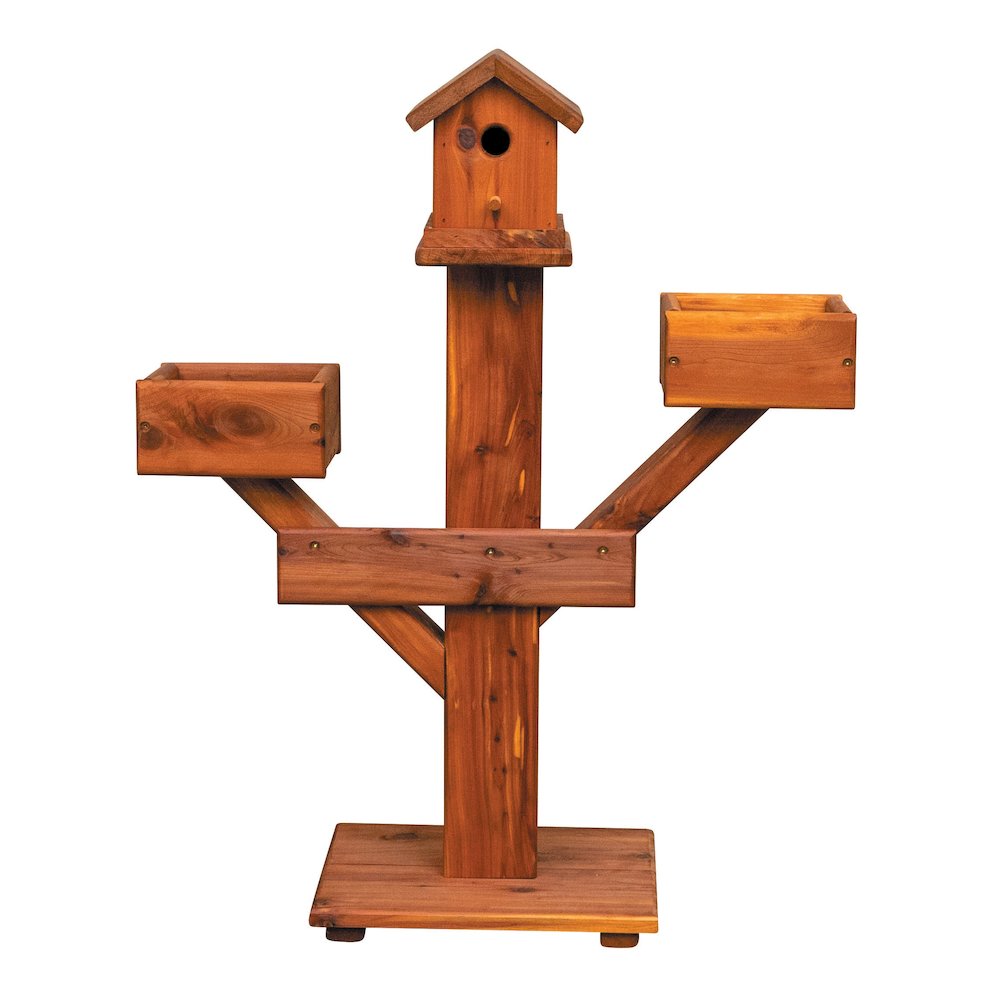 Small Amish Handcrafted Cedar Birdhouse Planter Stand – Red Cedar Garden Accent