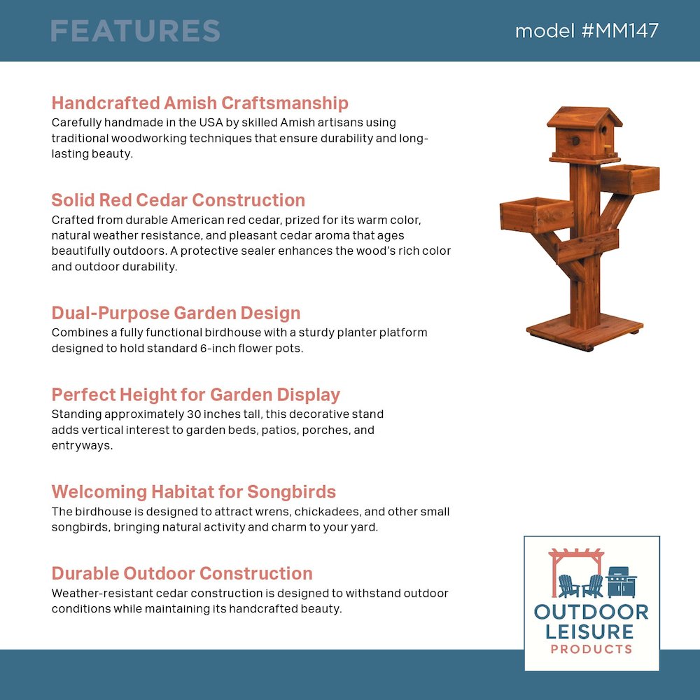 Small Amish Handcrafted Cedar Birdhouse Planter Stand – Red Cedar Garden Accent