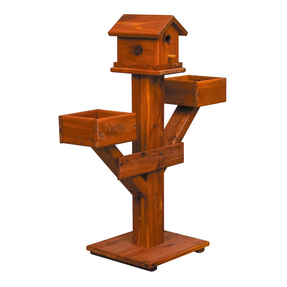 Small Amish Handcrafted Cedar Birdhouse Planter Stand – Red Cedar Garden Accent