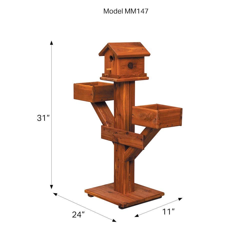Small Amish Handcrafted Cedar Birdhouse Planter Stand – Red Cedar Garden Accent