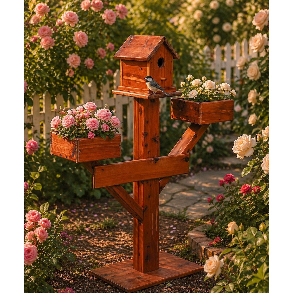 Large Amish Handcrafted Cedar Birdhouse Planter Stand – Red Cedar Garden Accent