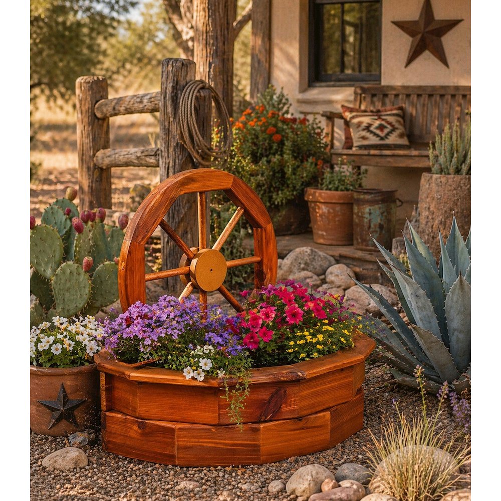 Rustic Cedar Wagon Wheel Planter – Red Cedar Farmhouse Garden Planter for Yard