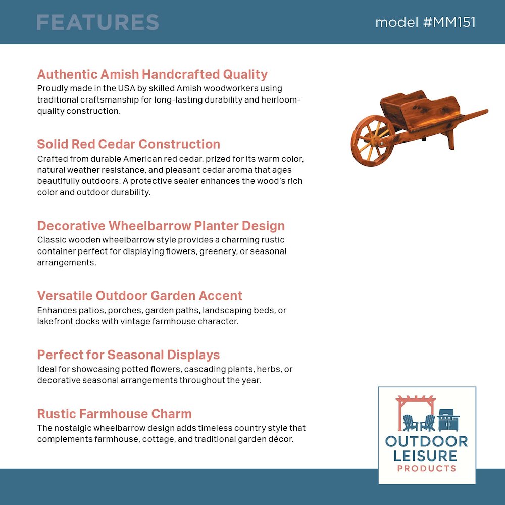 Rustic Cedar Wheelbarrow Planter – Amish Handcrafted Wooden Garden Wheelbarrow