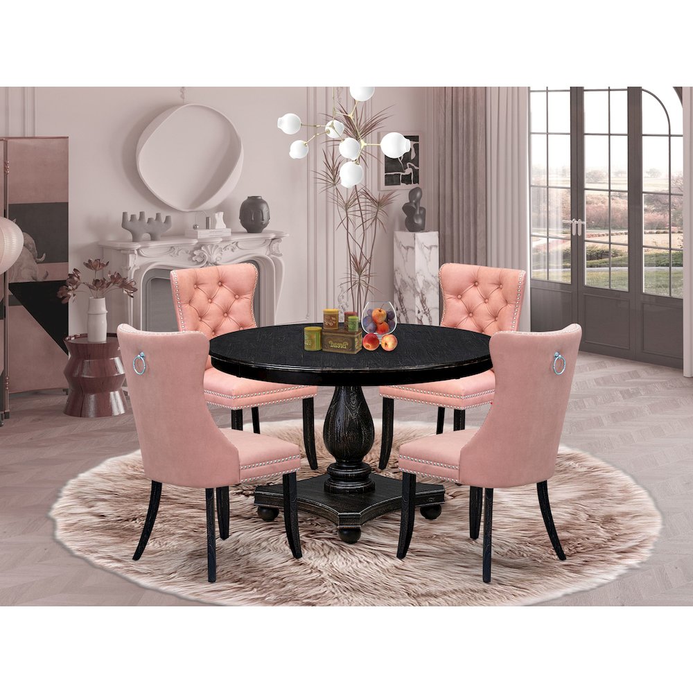 5 Piece Dining Set For 4 Consists Of 48″ Round Table In Beige Red Color