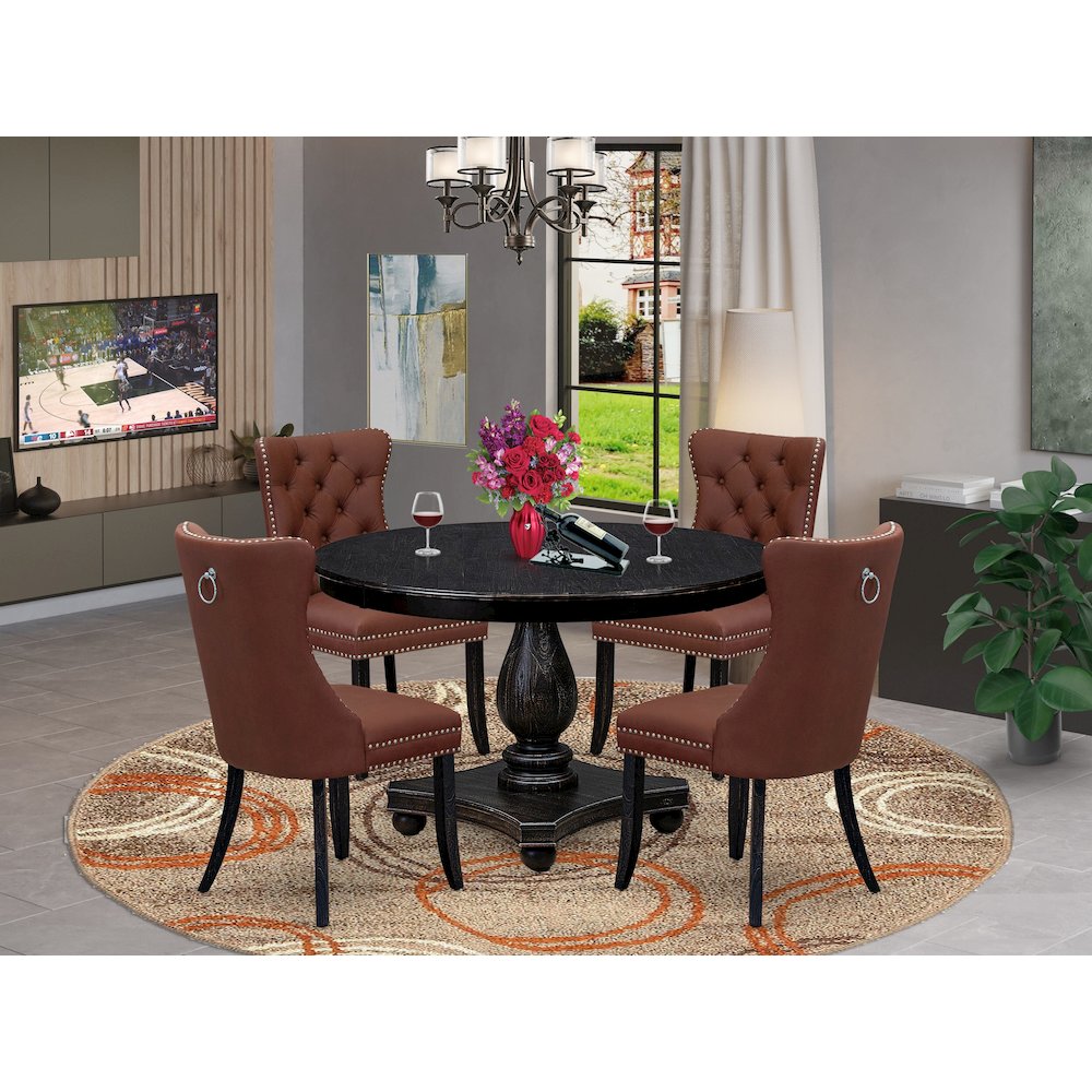 5 Piece Dining Table Set Consists Of 48″ Round Table In Burgandy Color