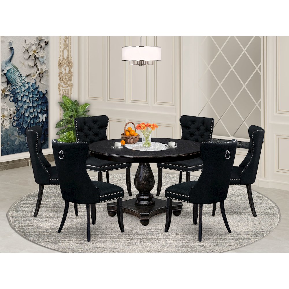 7 Piece Kitchen Table Set Consists Of 48″ Round Table In Black Color