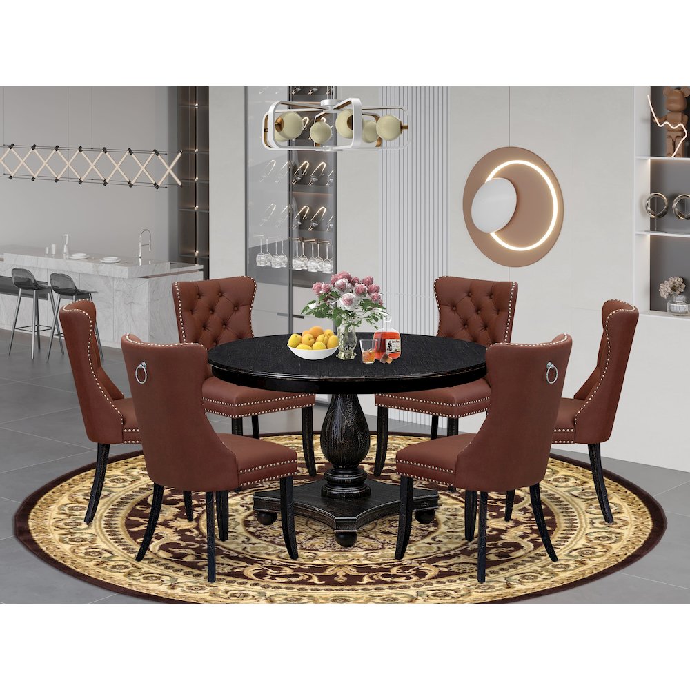 7 Piece Dining Table Set Contains 48″ Round Table In Burgandy Color