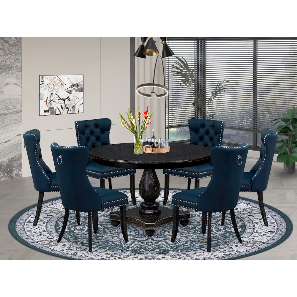 7 Piece Dining Table Set Consists Of 48″ Round Table In Navy Blue Color