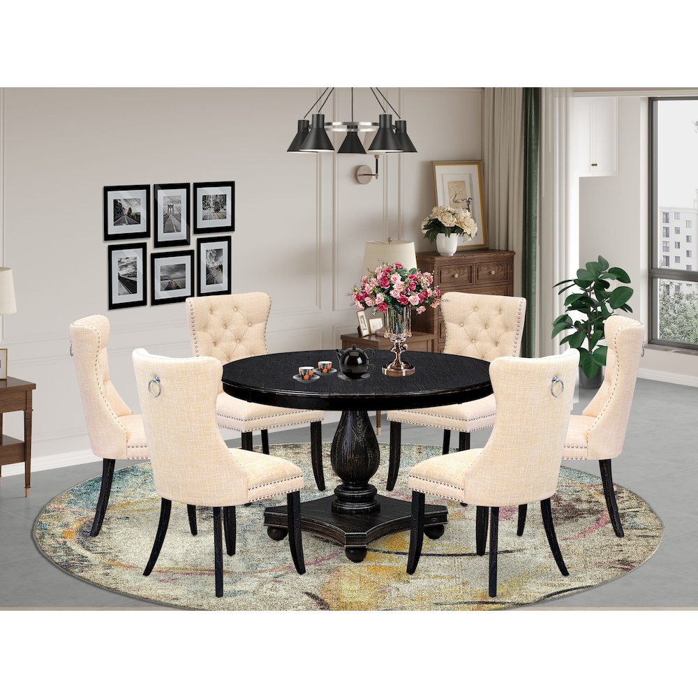 7-Piece Dining A Wooden Table And 6 Light Beige Linen Fabric Dinning Chairs