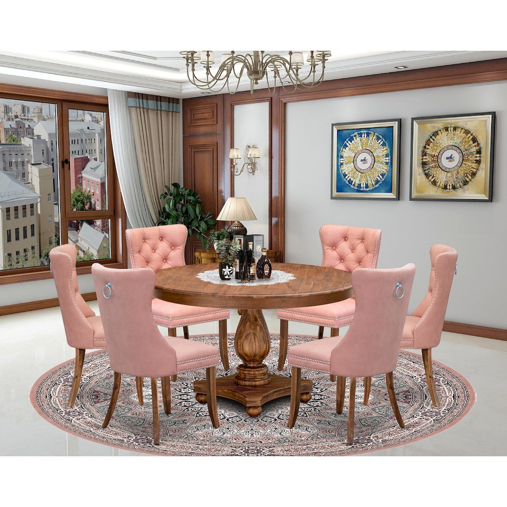 7-Pc Dinner Set Contain A Mid Century Table And 6 Beige Red Upholstered Chairs