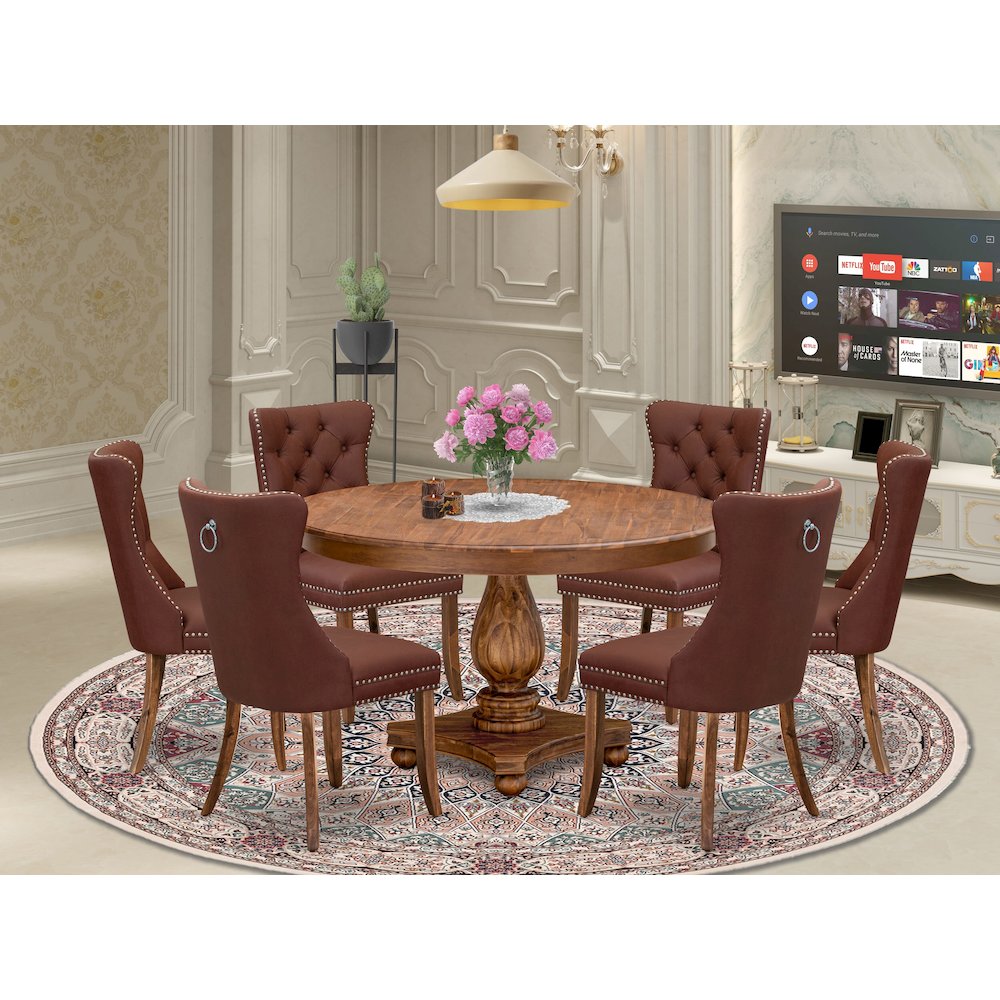 7-Pc Dining Set Contain A Mid Century Modern Table And 6 Burgundy Padded Chairs