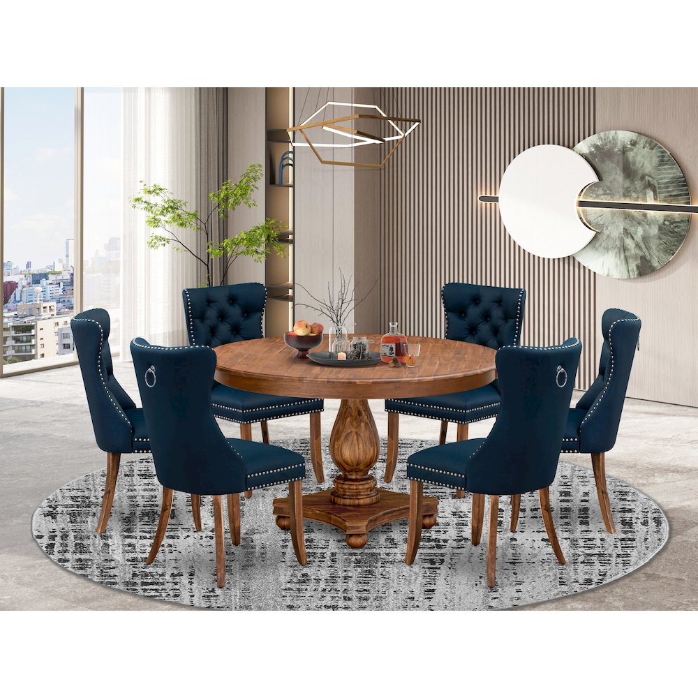 7-Pc Kitchen Dining Table Set Contain A Mid Century Table And 6 Navy Blue Chairs
