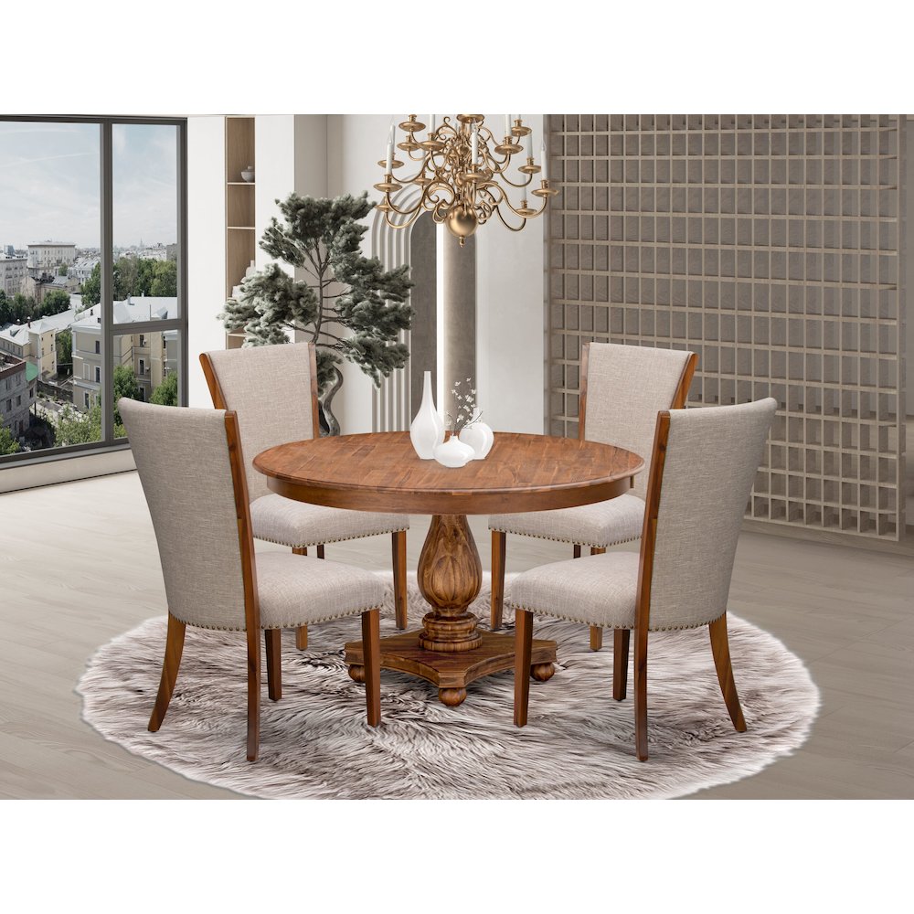 5 Piece Kitchen Table Set Includes 54″ Round Table In Light Tan Color