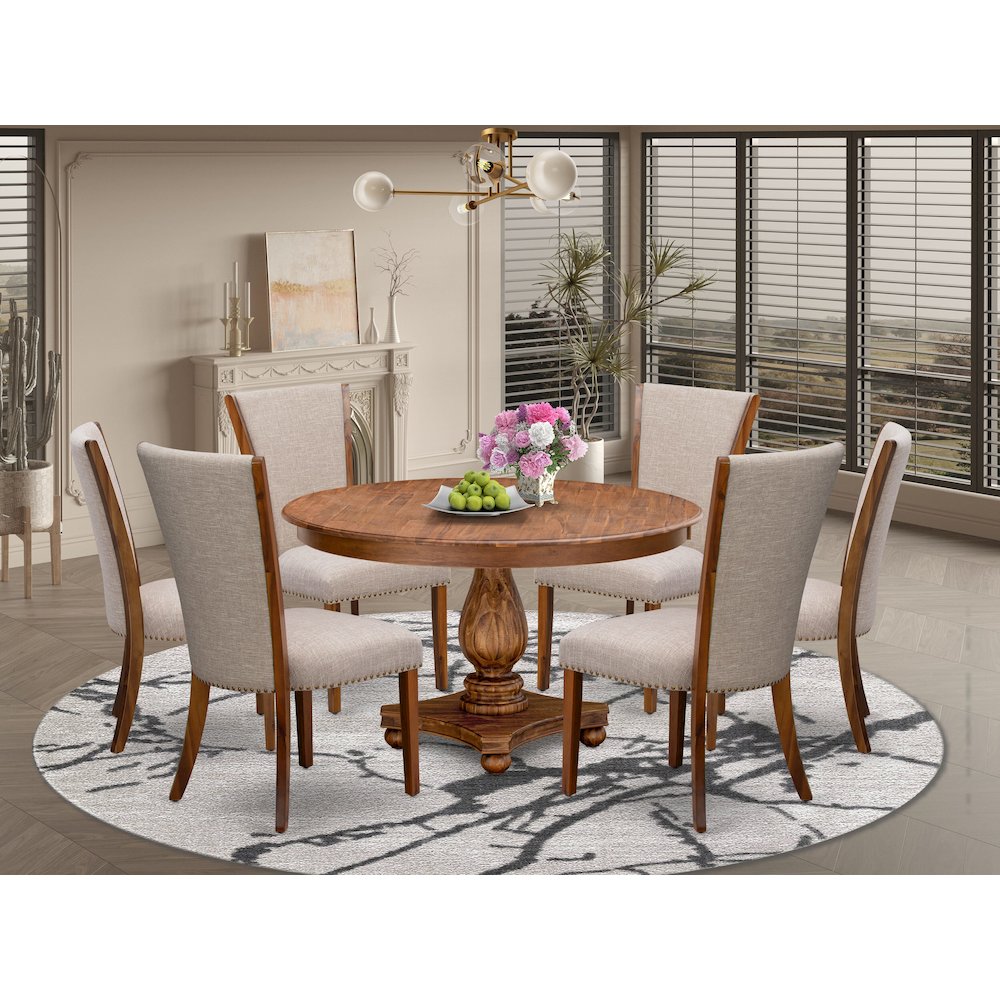 7 Piece Dinette Set Consists Of 54″ Round Dining Table In Light Tan Color