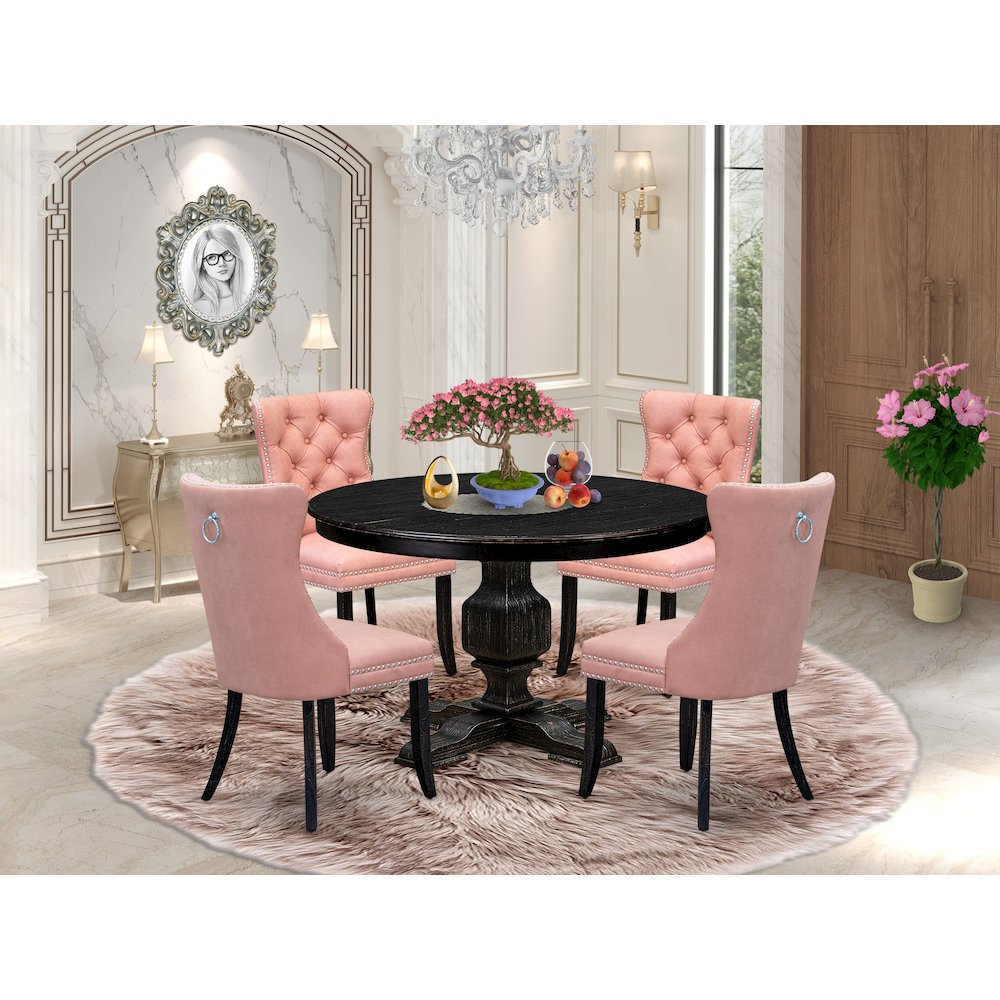 5 Piece Dining Set For 4 Includes 48″ Round Table In Beige Red Color