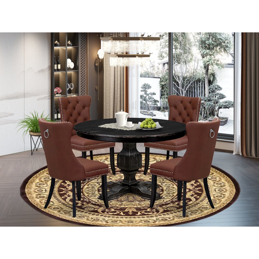 5 Piece Dining Table Set Includes 48″ Round Table In Burgandy Color