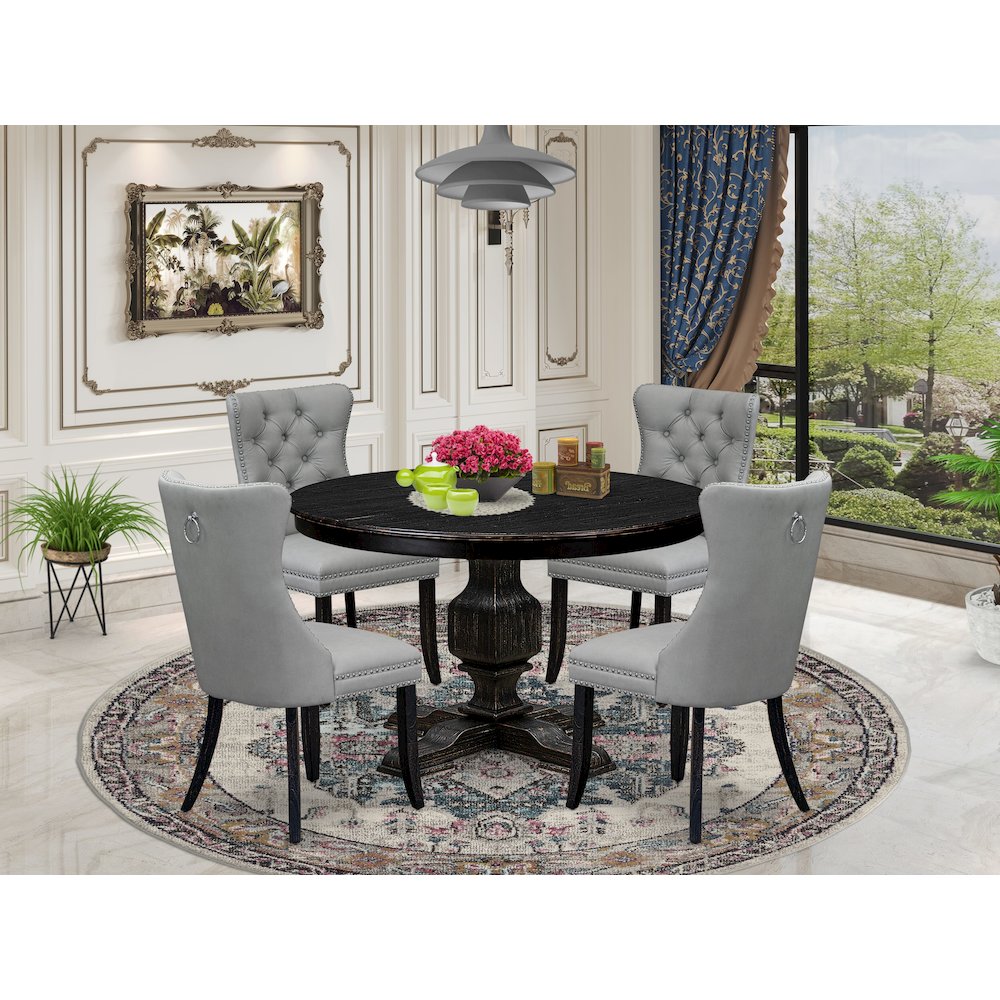 5 Piece Dining Table Set Includes 48″ Round Table In Light Gray Color