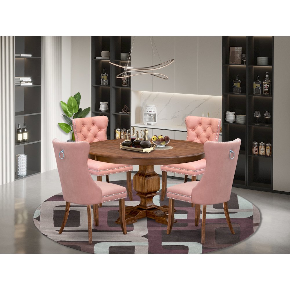 5-Pc Dining Room Table Set Include A Round Table And 4 Beige Red Parsons Chairs