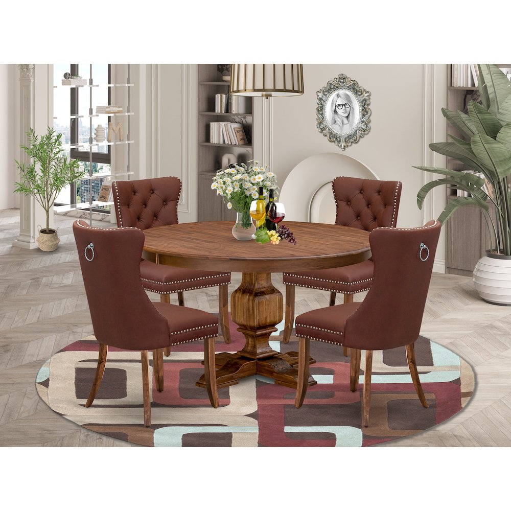 5-Pc Dining Room Set Include A Round Table And 4 Burgundy Upholstered Chairs