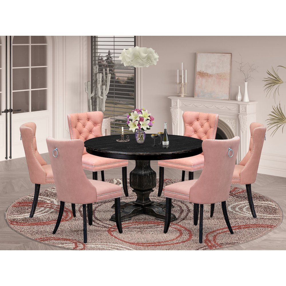 7 Piece Dining Set Consists Of 48″ Round Table In Beige Red Color