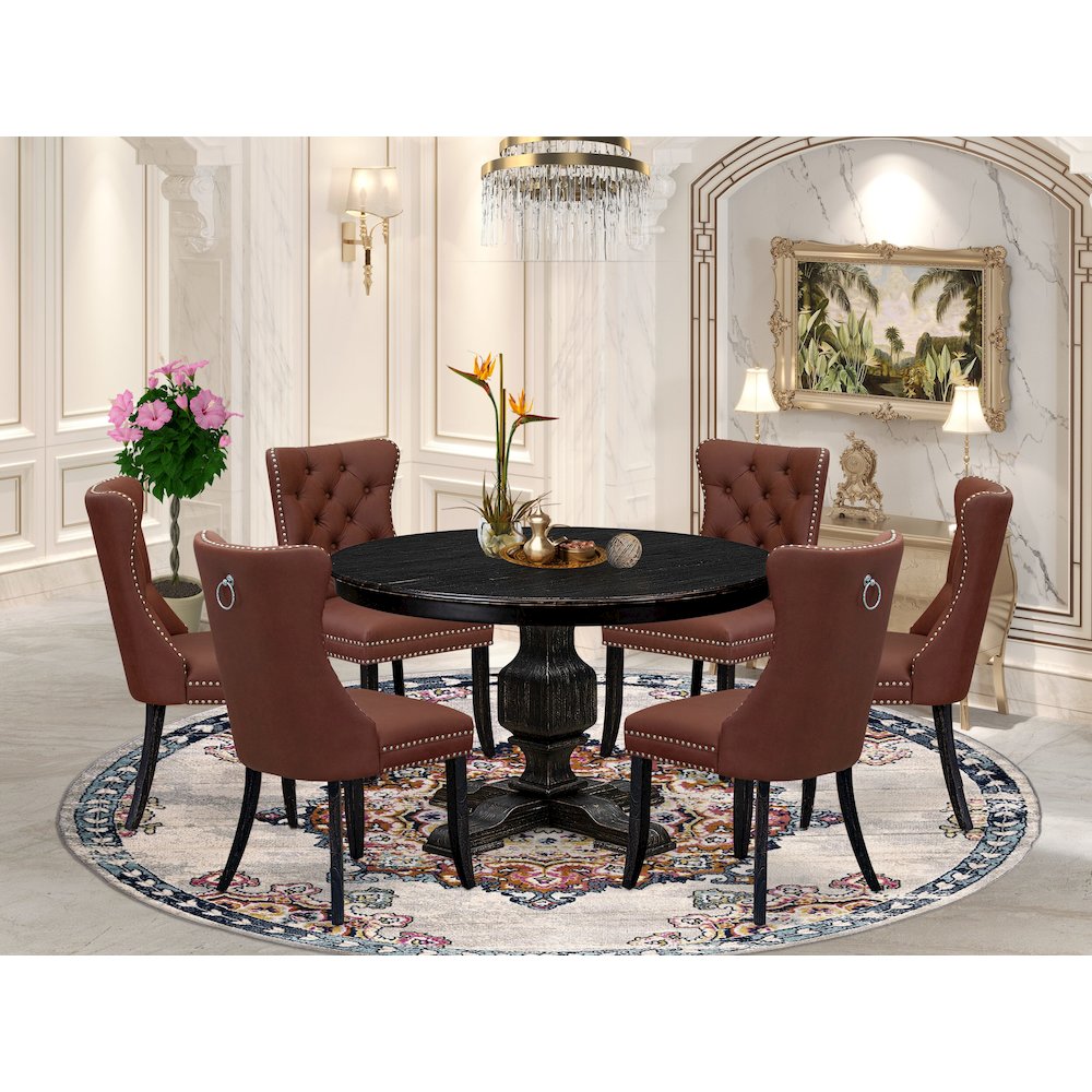 7 Piece Dining Table Set Consists Of 48″ Round Table In Burgandy Color